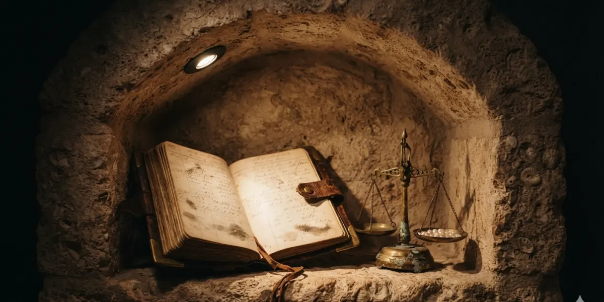دفتر البحر مفتوحًا إلى جانب ميزان اللؤلؤ النحاسي في كوّة مضيئة